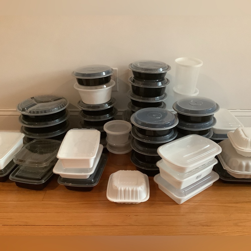 Lot of 20 Different Restaurant Take out Plastic Containers Jars with lids